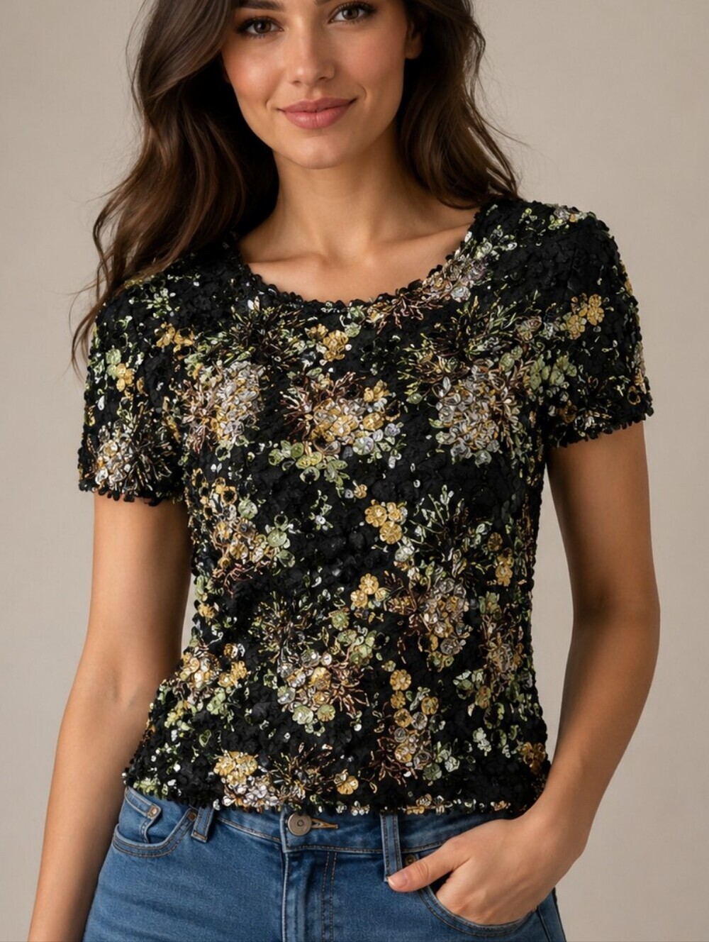 RADIANCE 1990s Black Bubble Popcorn Scrunchie Floral Silk Blouse